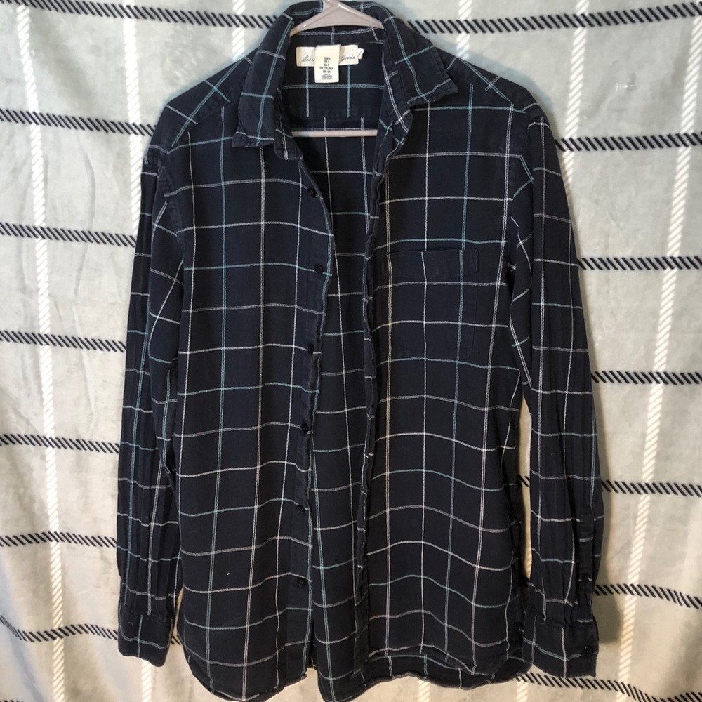 Navy blue plaid flannel top